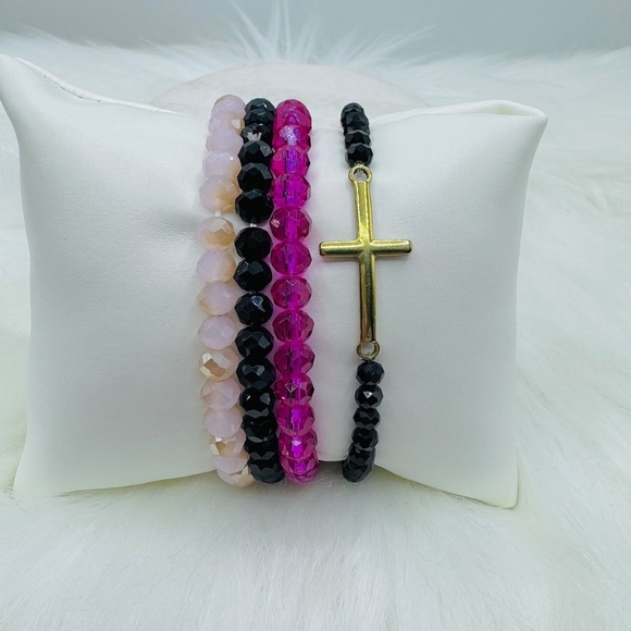 Stainless Steel Cross beaded Arm Candy Bracelet - Black Pink theme - Picture 2 of 5